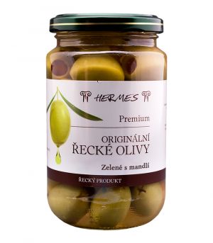 Originálne grécke olivy zelené  s mandľou, v skle, Premium, D.M.Hermes